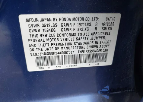 2010 Honda Fit from USA, damaged, VIN JHMGE8H24AS007087